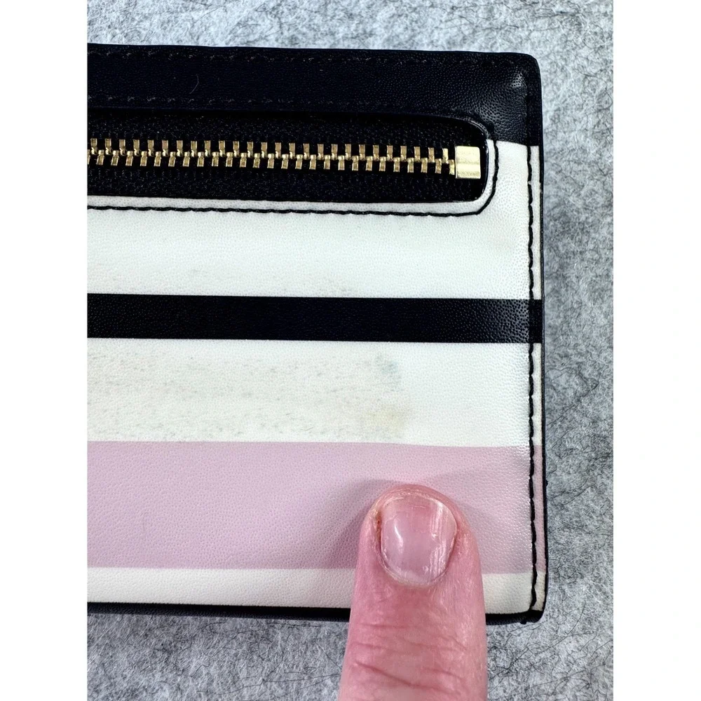 Kate Spade Stacy Wallet Black Pink White Stripe Leather Card Holder‎ Clutch Slim